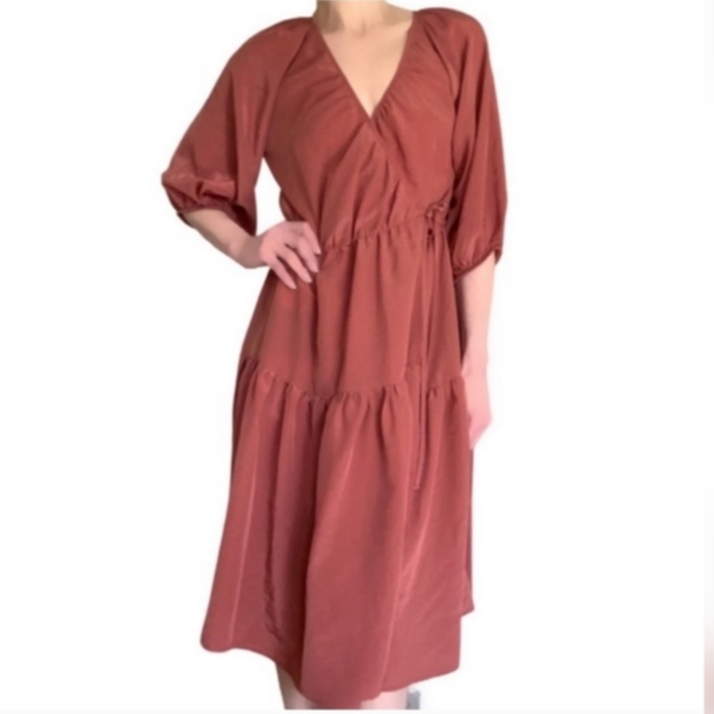 Ophelia Roe Surplice balloon sleeve midi dress dusty rose sz med (NWT)